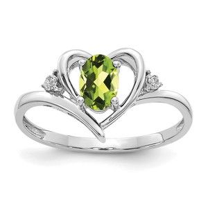 14k White Gold Peridot August Birthstone and Diamond Heart Ring (Size 7)